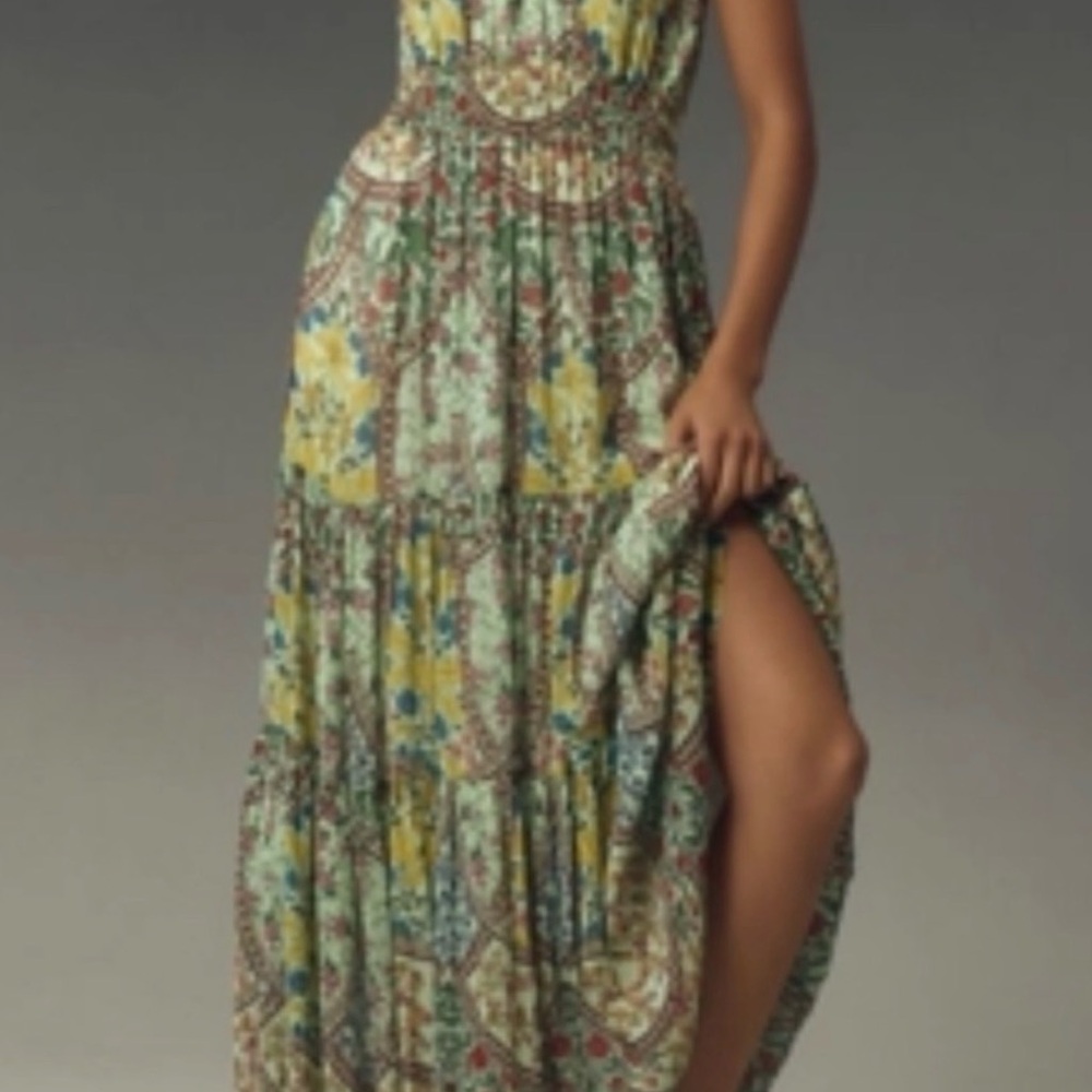 Anthropologie Yellow & Green Floral Maxi Dress